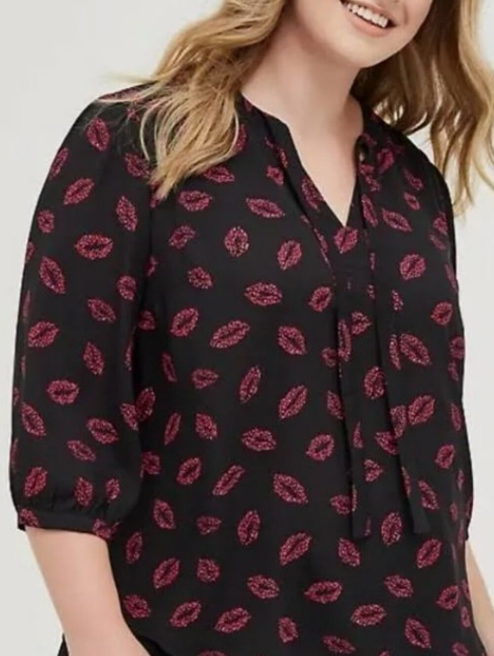 Torrid Size 2 Georgette Peasant Blouse with Red Lip Leopard Print and Tie Neck